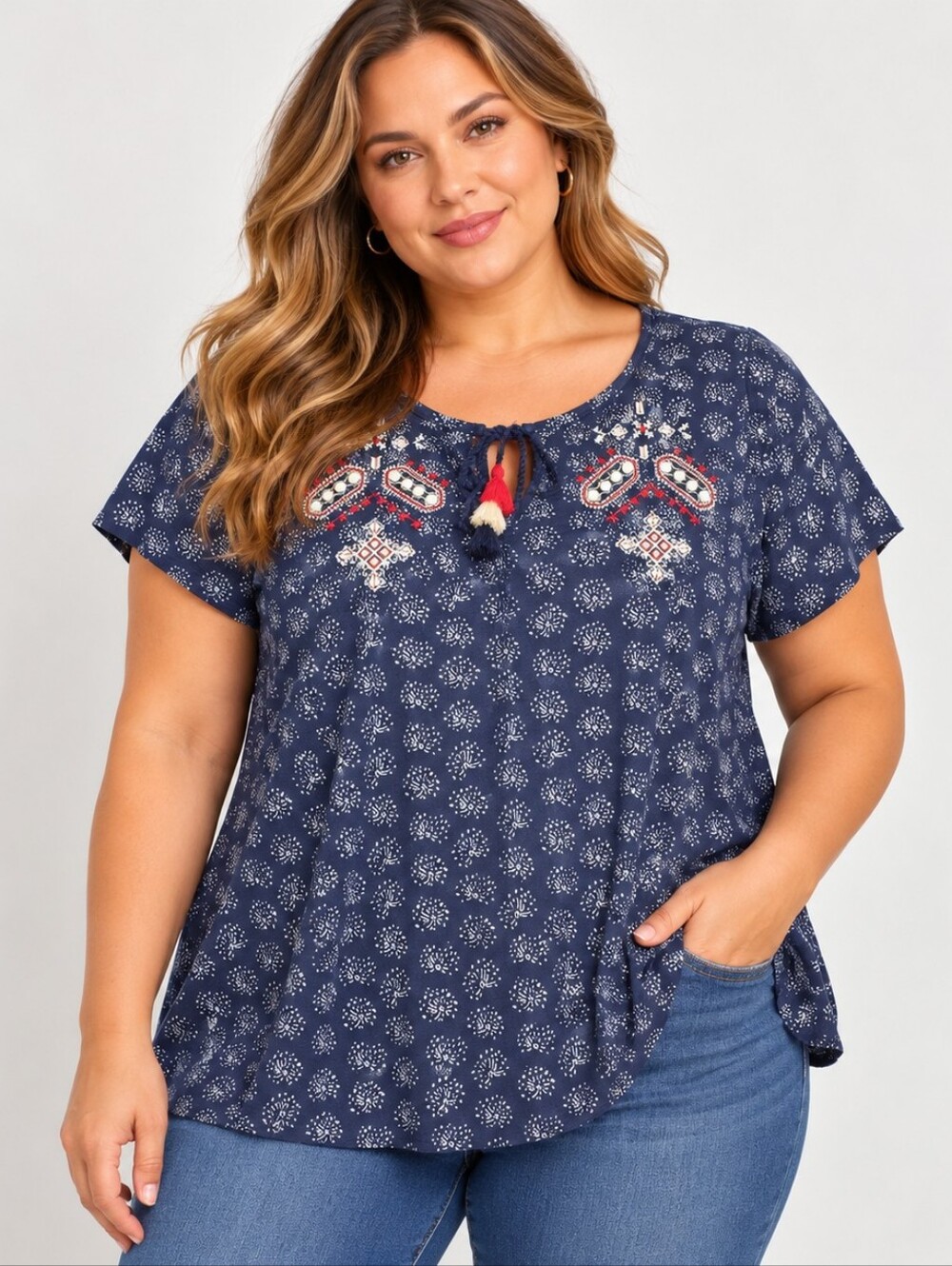 Lane Bryant Embroidered Tassel Blouse Top Plus 18/20 Dark Navy White